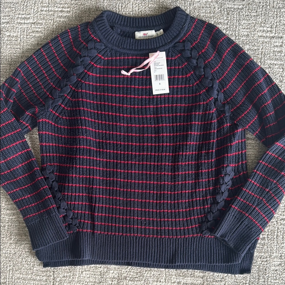 Vineyard Vines Break Stripe Lattice Crew Neck sweater size: small navy-red